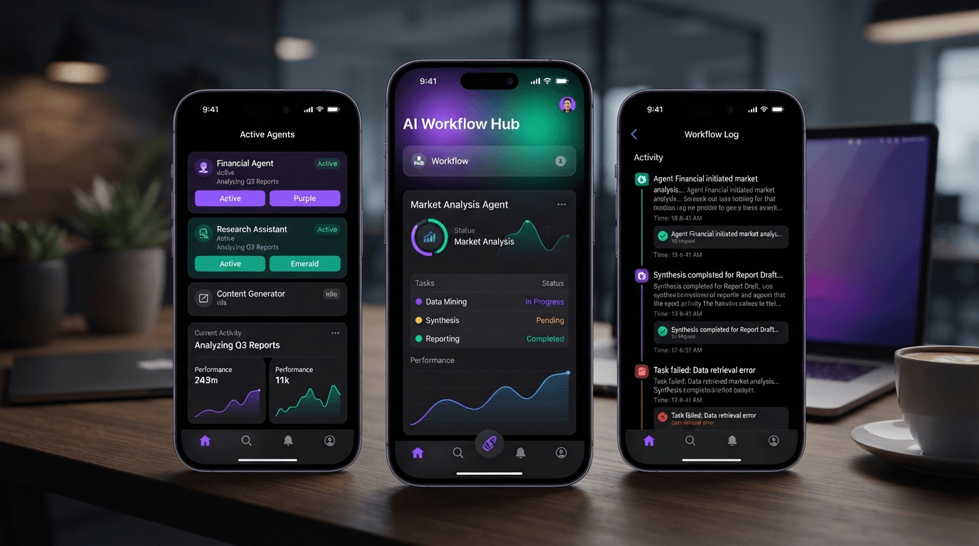 Três telas do aplicativo Synapse AI em smartphones