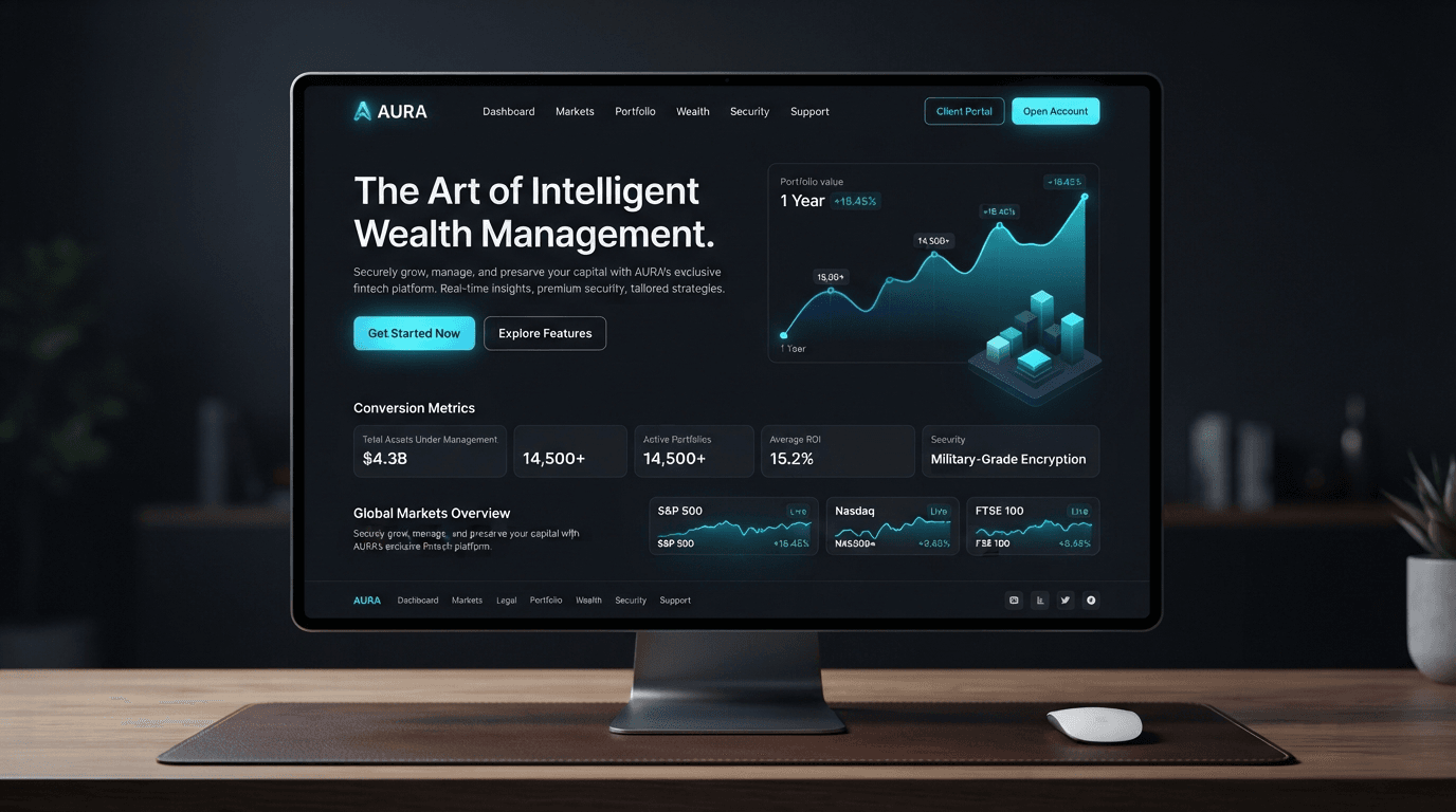 Landing page da plataforma financeira Vortex exibida em um monitor